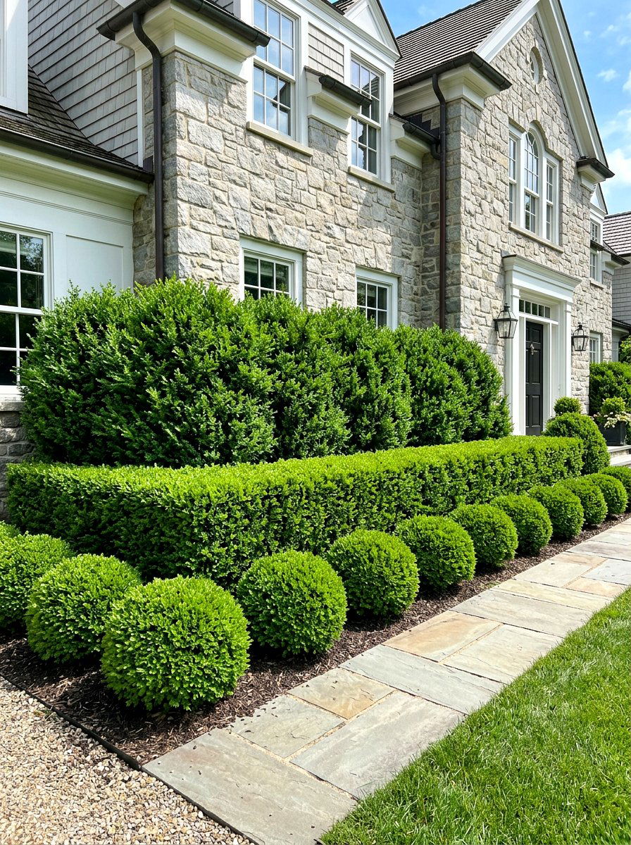 Boxwood Layered Foundation Hedge - 30 layered front yard landscaping ideas