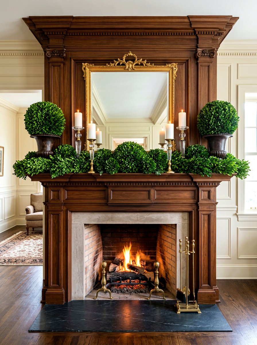Boxwood Mantel - 30 holiday mantel garland ideas