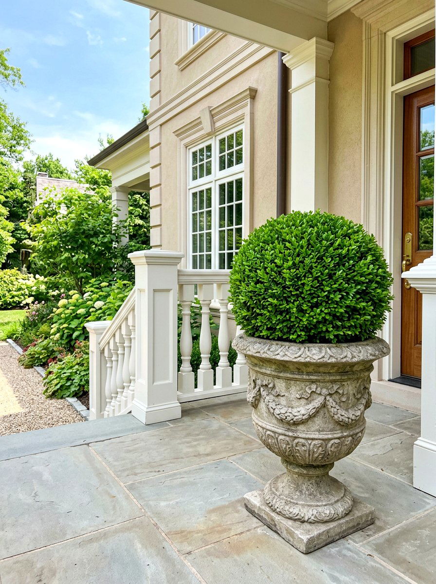 Boxwood Spheres Stone Planter - 30 winter porch planter ideas