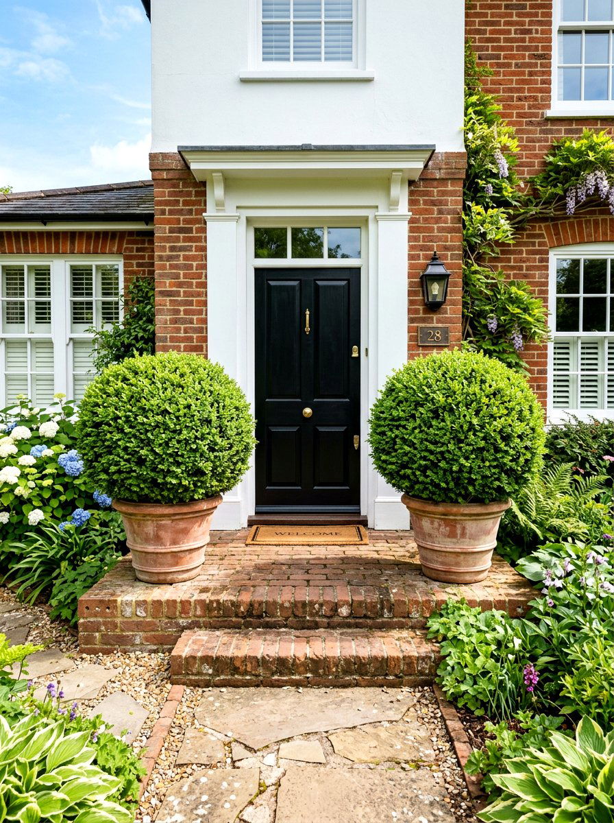 Boxwood Topiary Entryway - 30 grandmillennial decor ideas