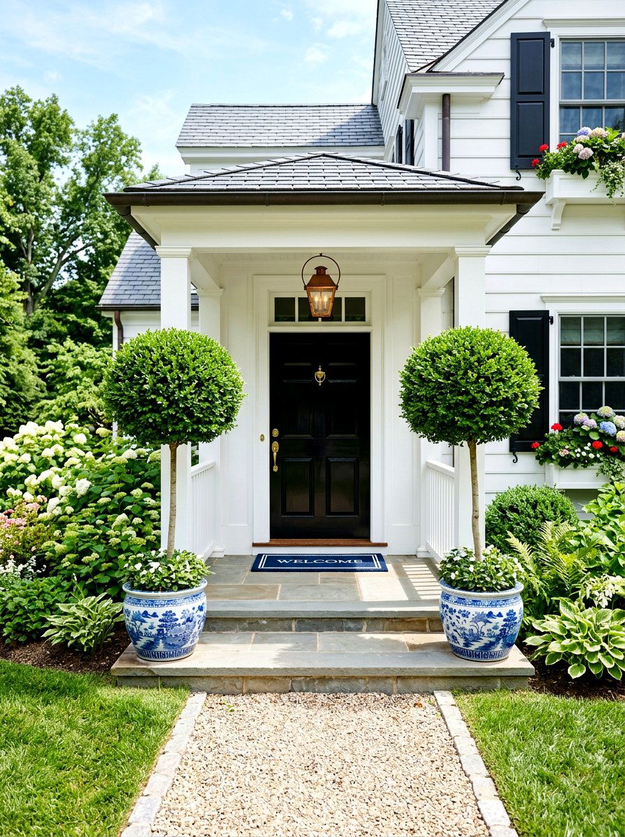 Boxwood Topiary Entryway - 30 preppy home decor ideas