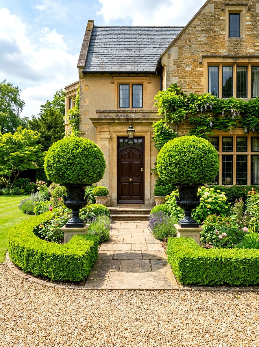 Boxwood Topiary Entryway - 30 front lawn landscaping ideas