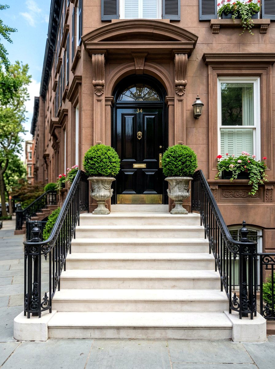 Boxwood Topiary Formal Stoop - 30 brownstone stoop ideas