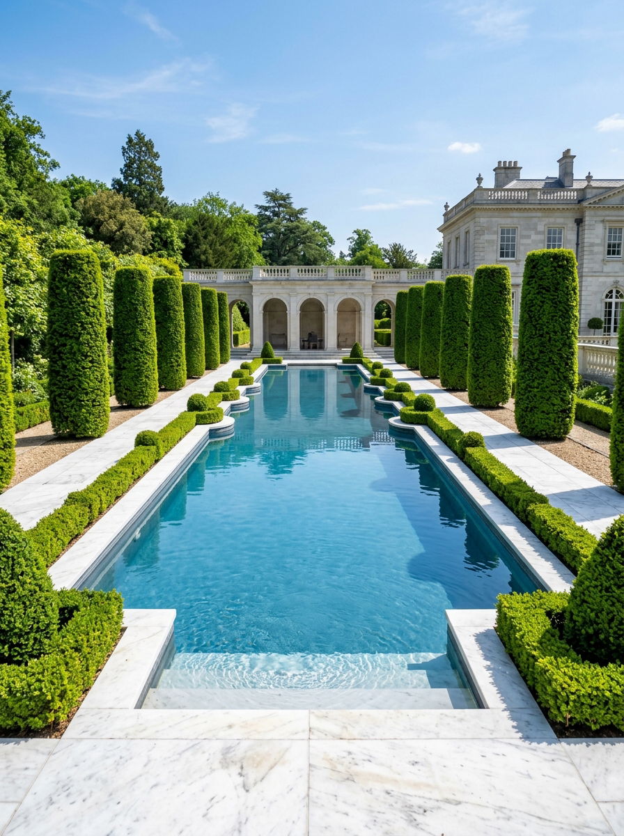 Boxwood Topiary Pool Edge - 30 pool privacy hedge ideas