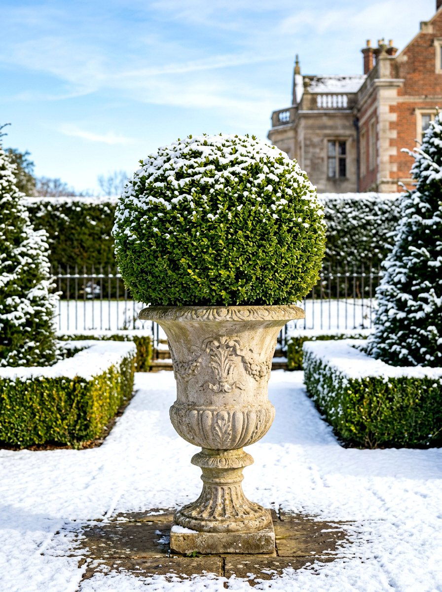 Boxwood Winter Urn - 30 winter container garden ideas