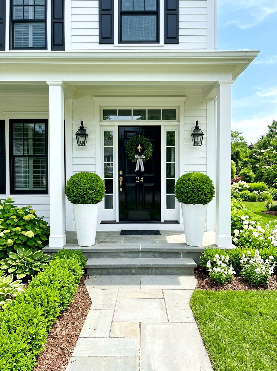 Boxwood ball porch planters - 30 front porch planter ideas