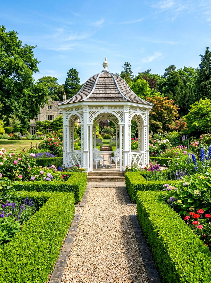 Boxwood gazebo garden border - 30 gazebo flower garden ideas