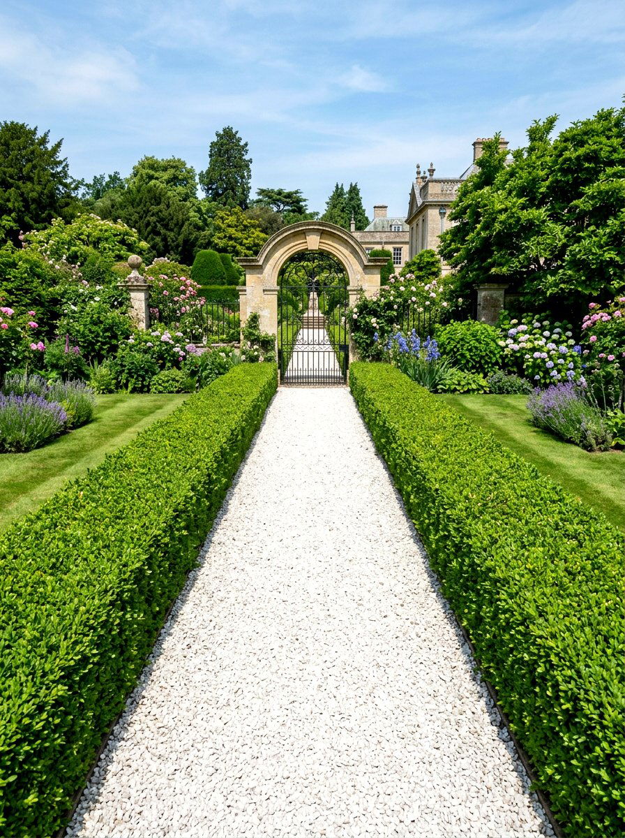 Boxwood hedge gravel walkway - 30 gravel path backyard ideas