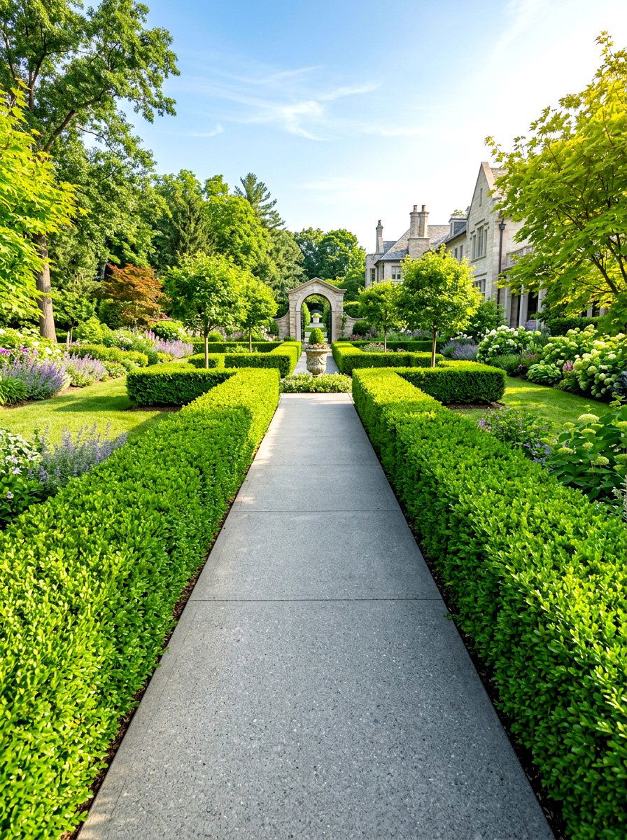 Boxwood hedge path - 30 front path flower bed ideas