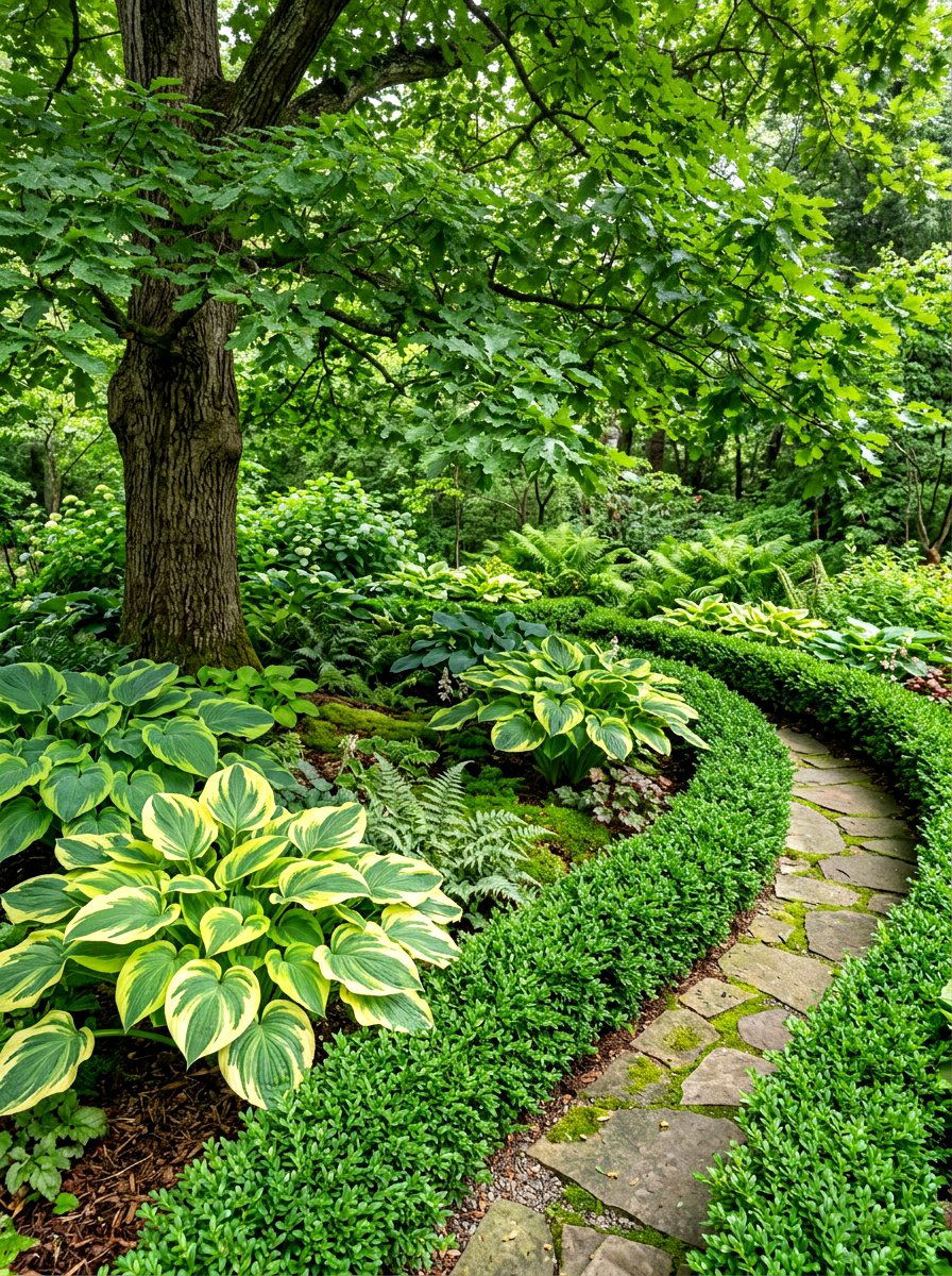 Boxwood hosta garden - 30 boxwood front yard ideas