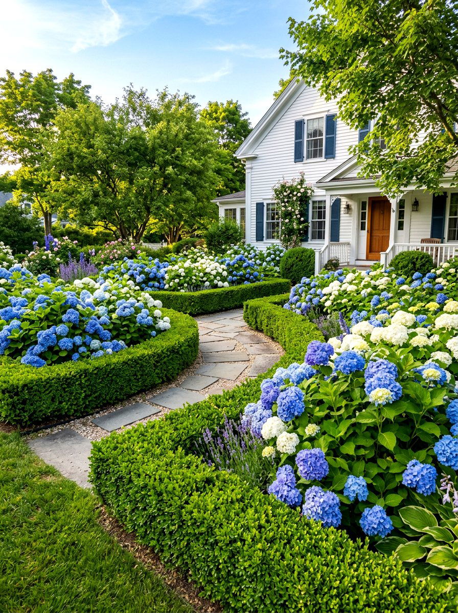 Boxwood hydrangea garden - 30 boxwood front yard ideas