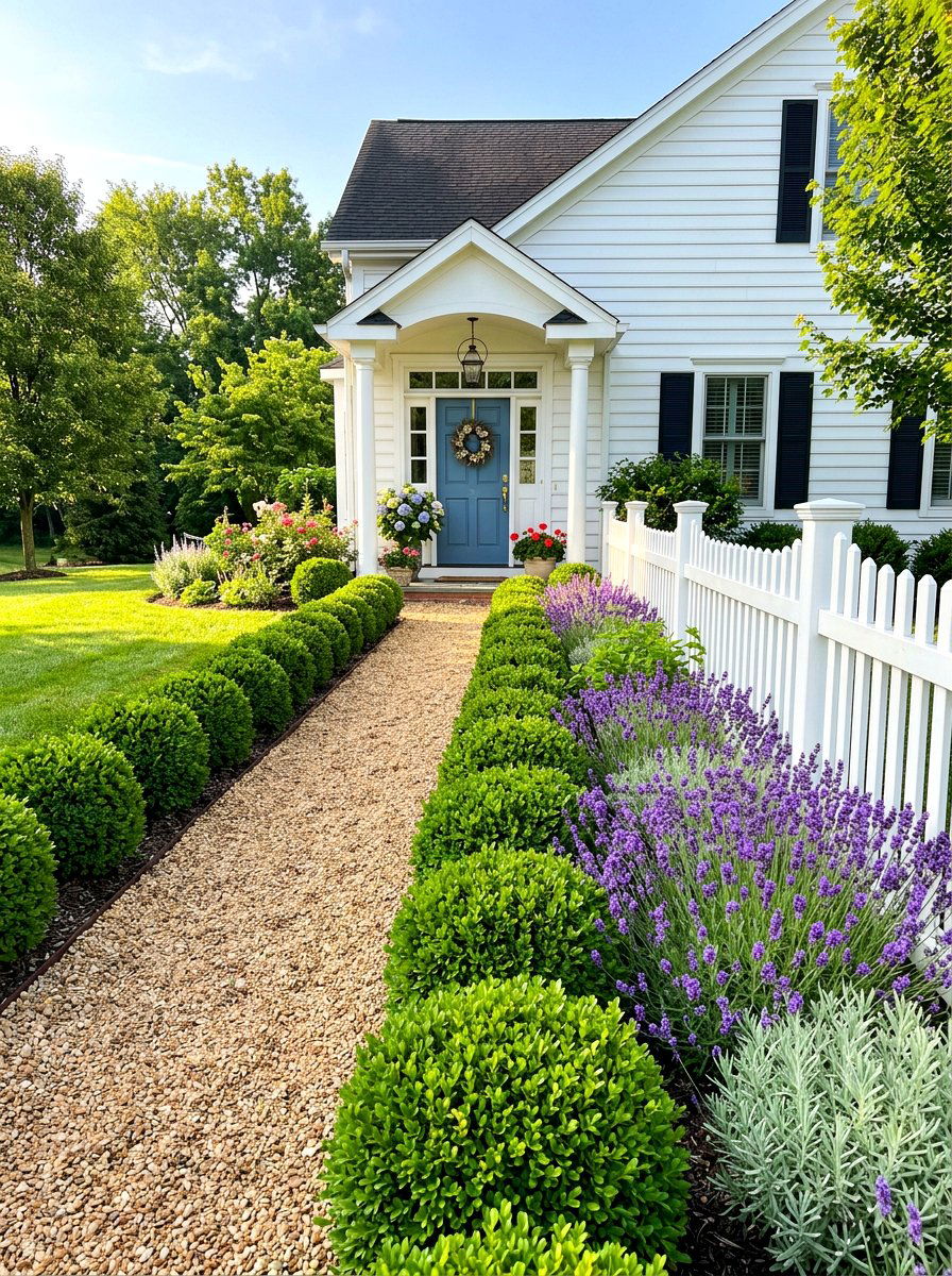 Boxwood walkway border - 30 boxwood front yard ideas