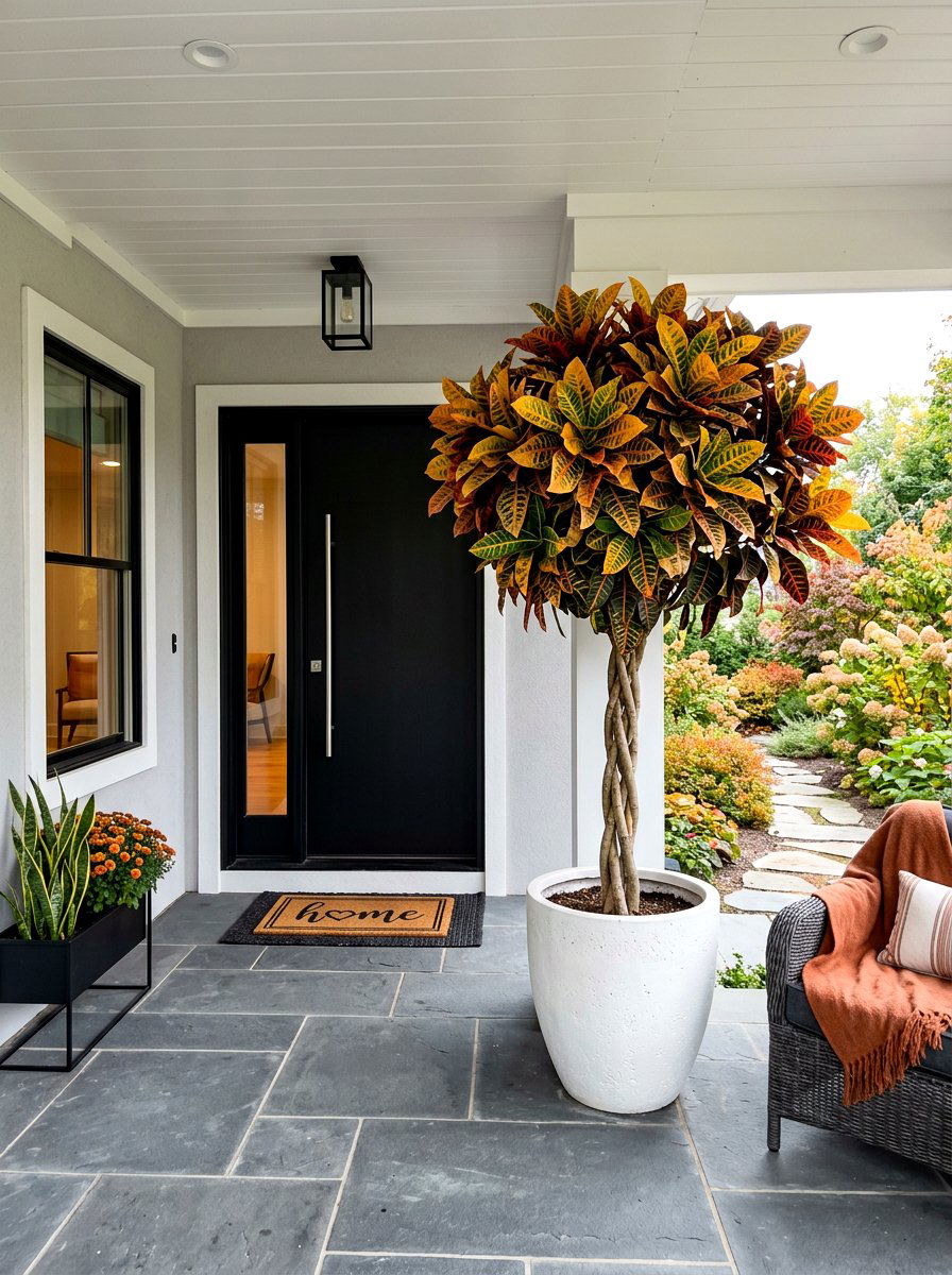 Braided Croton Tree - 30 fall porch planter ideas