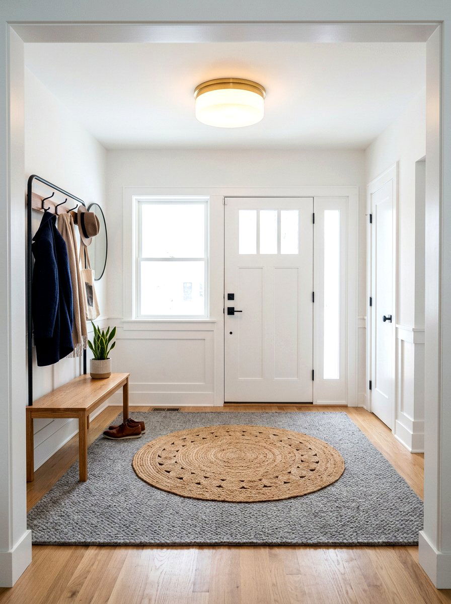 Braided Round Rug Over Rectangular Mat - 30 entrance rug layering ideas