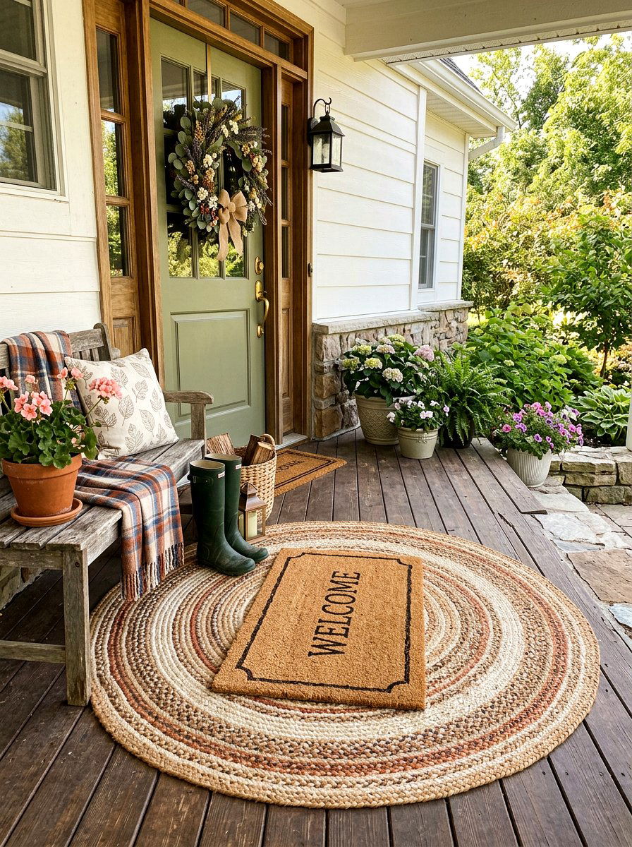 Braided Texture Layered Door Rug - 30 layered doormat porch ideas