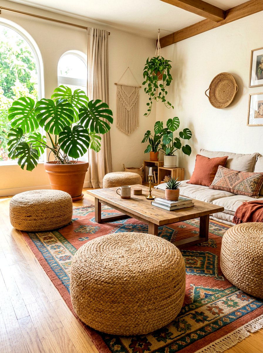 Braided jute pouf - 30 boho patio cushion ideas