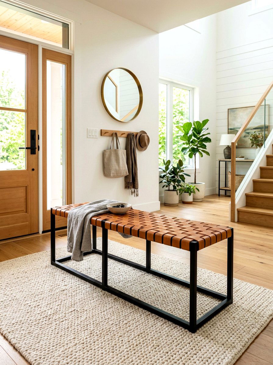 Braided leather entry bench - 30 sculptural entry bench ideas