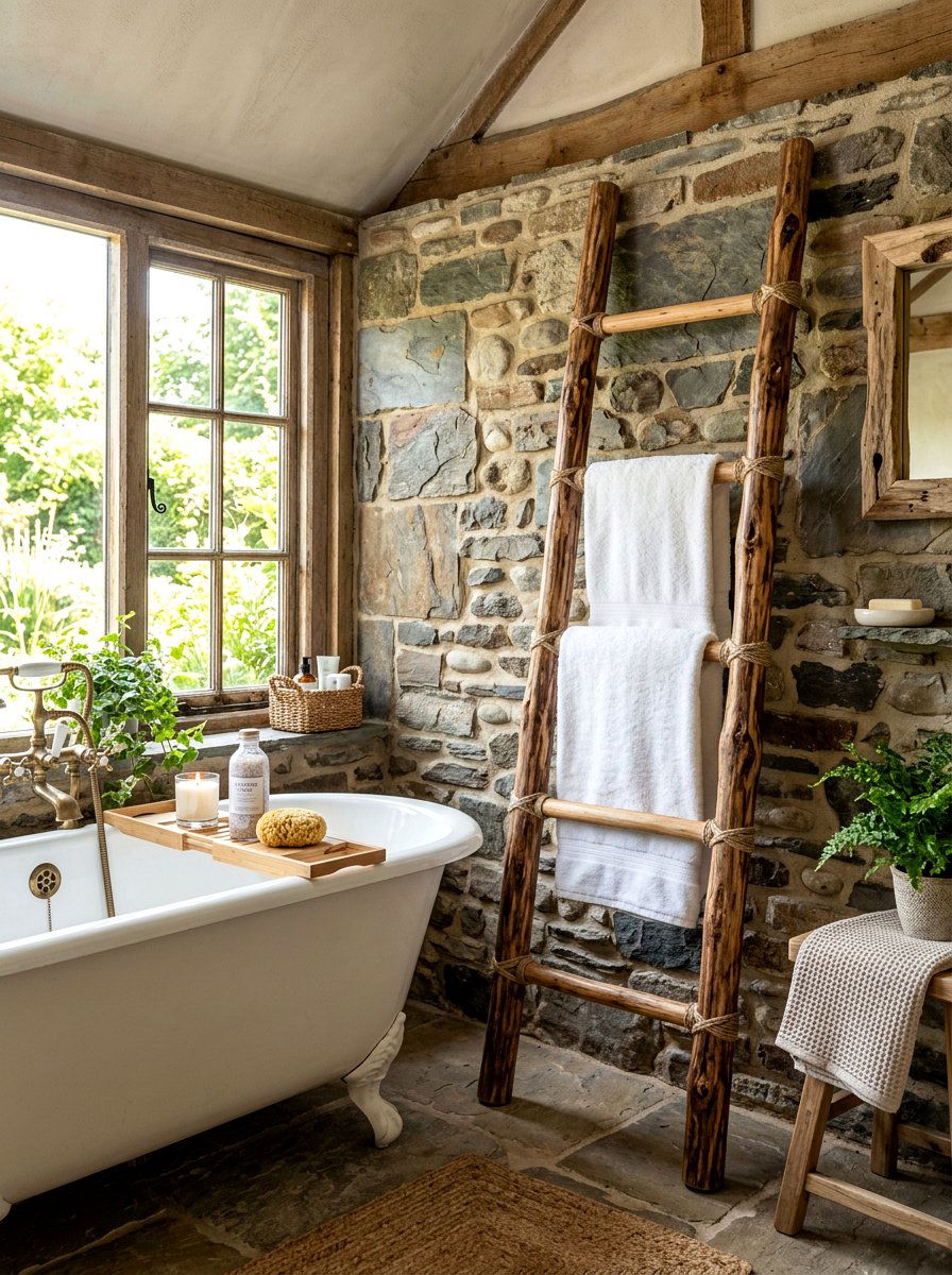 Branch Ladder Towel Rack - 30 branch decor ideas