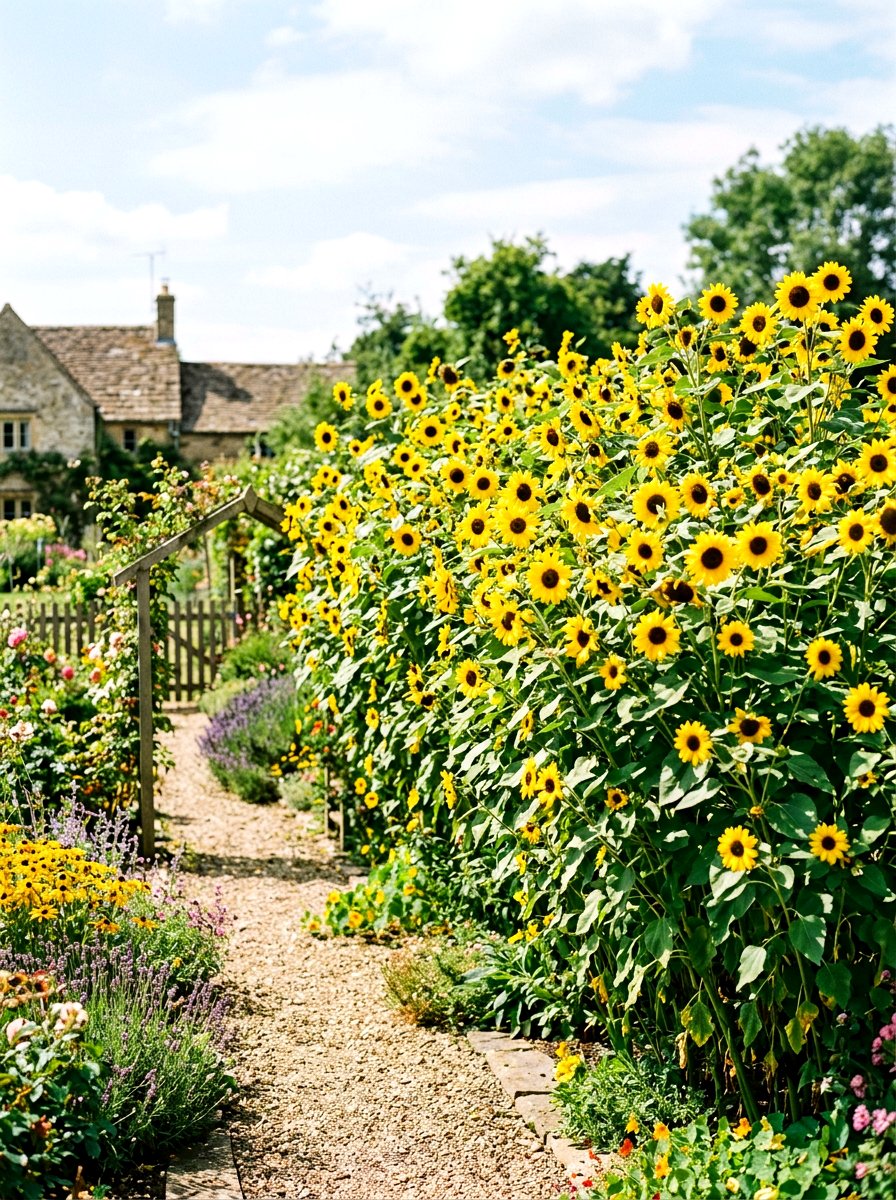 Branching Sunflower Hedge - 30 sunflower garden ideas