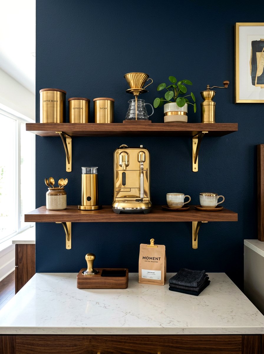 Brass Accent Coffee Shelves - 30 coffee station shelf styling ideas