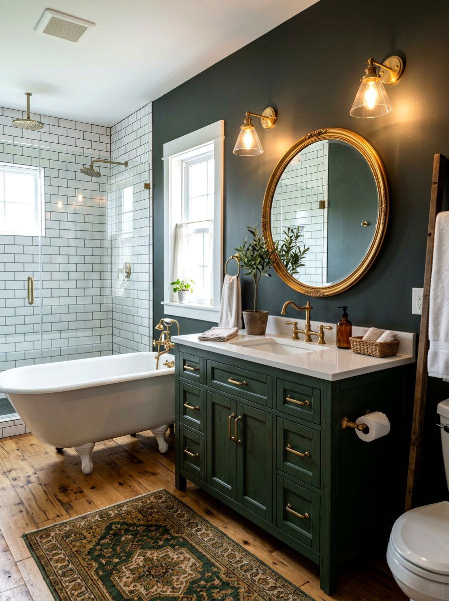 Brass Accent Farmhouse Bathroom - 30 moody farmhouse bathroom ideas