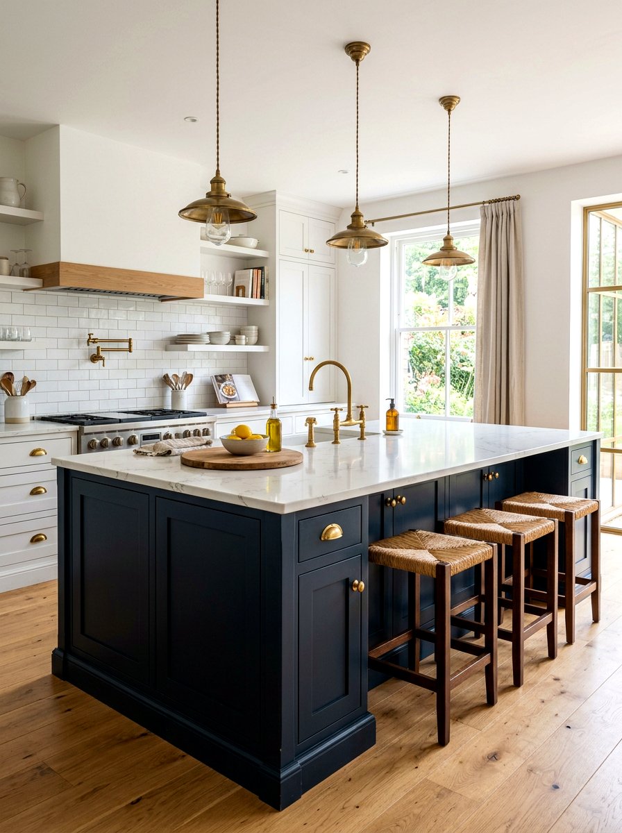 Brass Accent Kitchen Island - 30 modern farmhouse kitchen island ideas