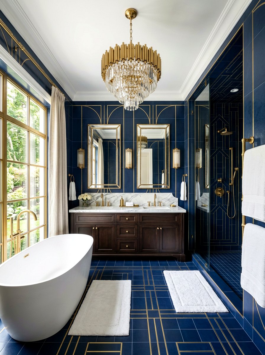 Brass Accented Tile Bathroom - 30 floor to ceiling tile bathroom ideas