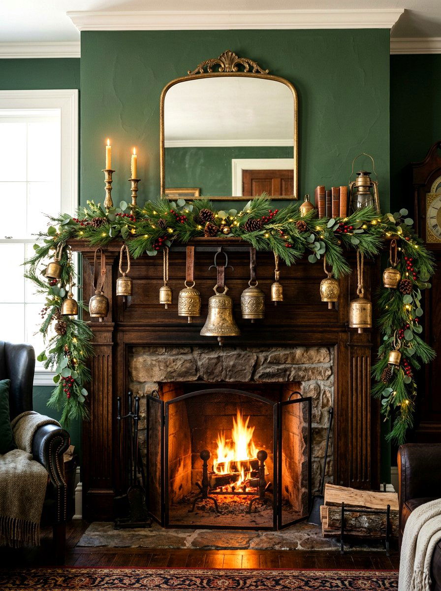 Brass Bell Mantel - 30 holiday mantel garland ideas