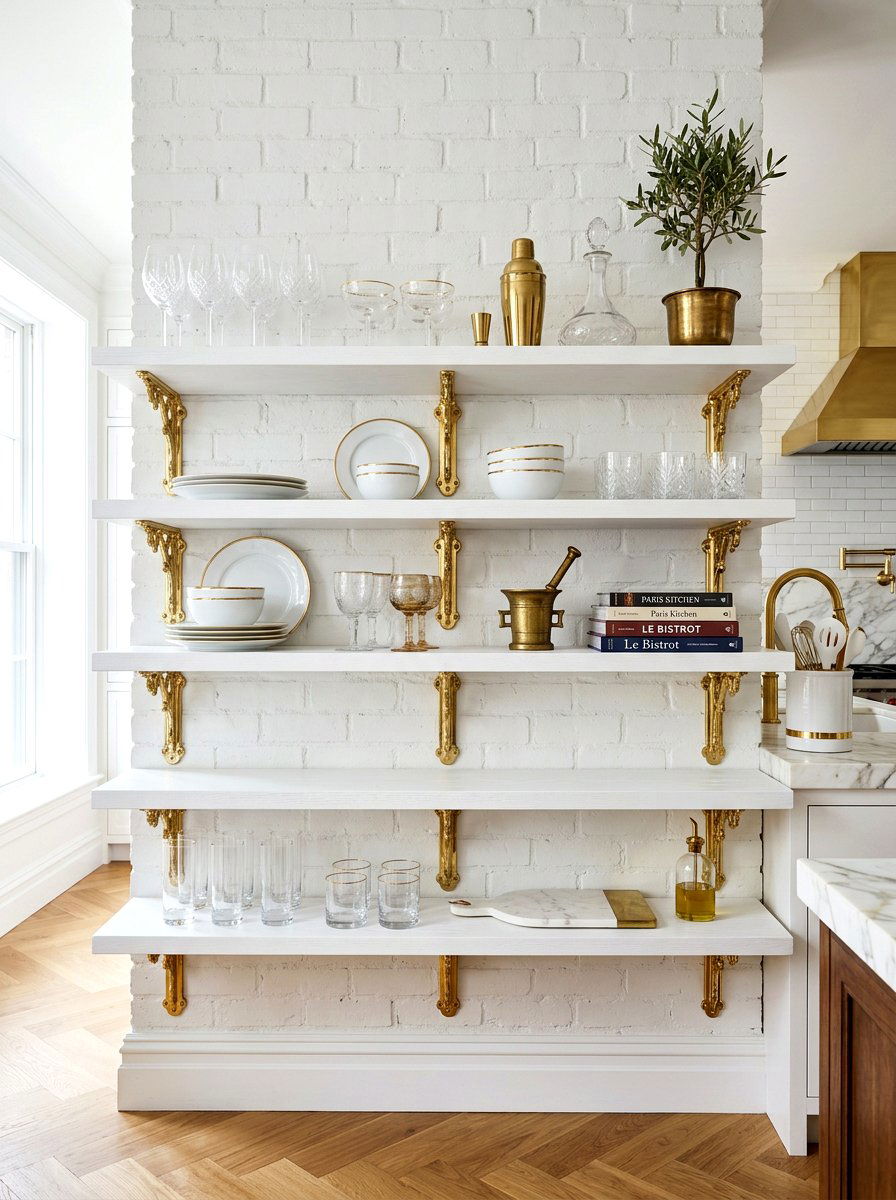 Brass Bracket Kitchen Shelving - 30 open shelving kitchen decor ideas