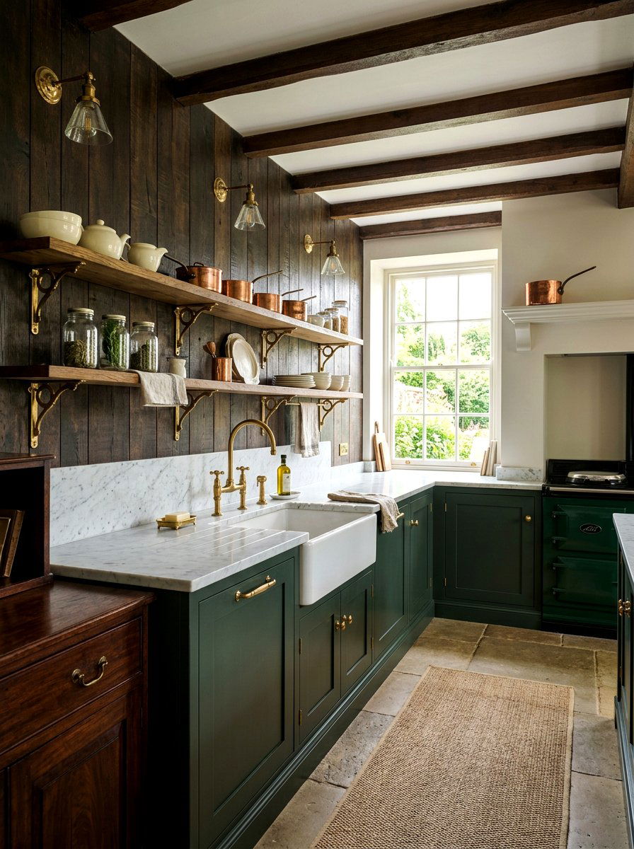 Brass Bracket Shelving - 30 English country kitchen shelf ideas
