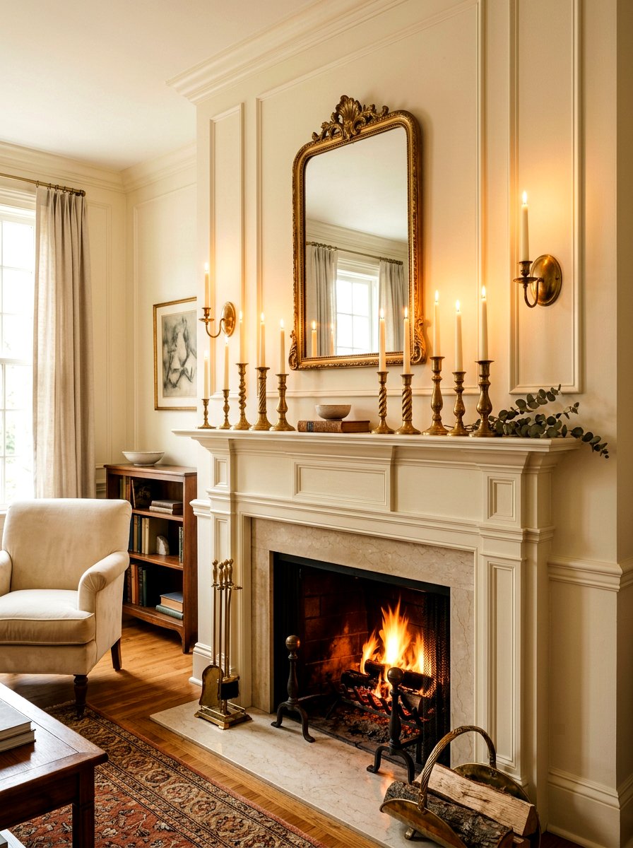 Brass Candlestick Mantel - 30 winter mantel decor ideas