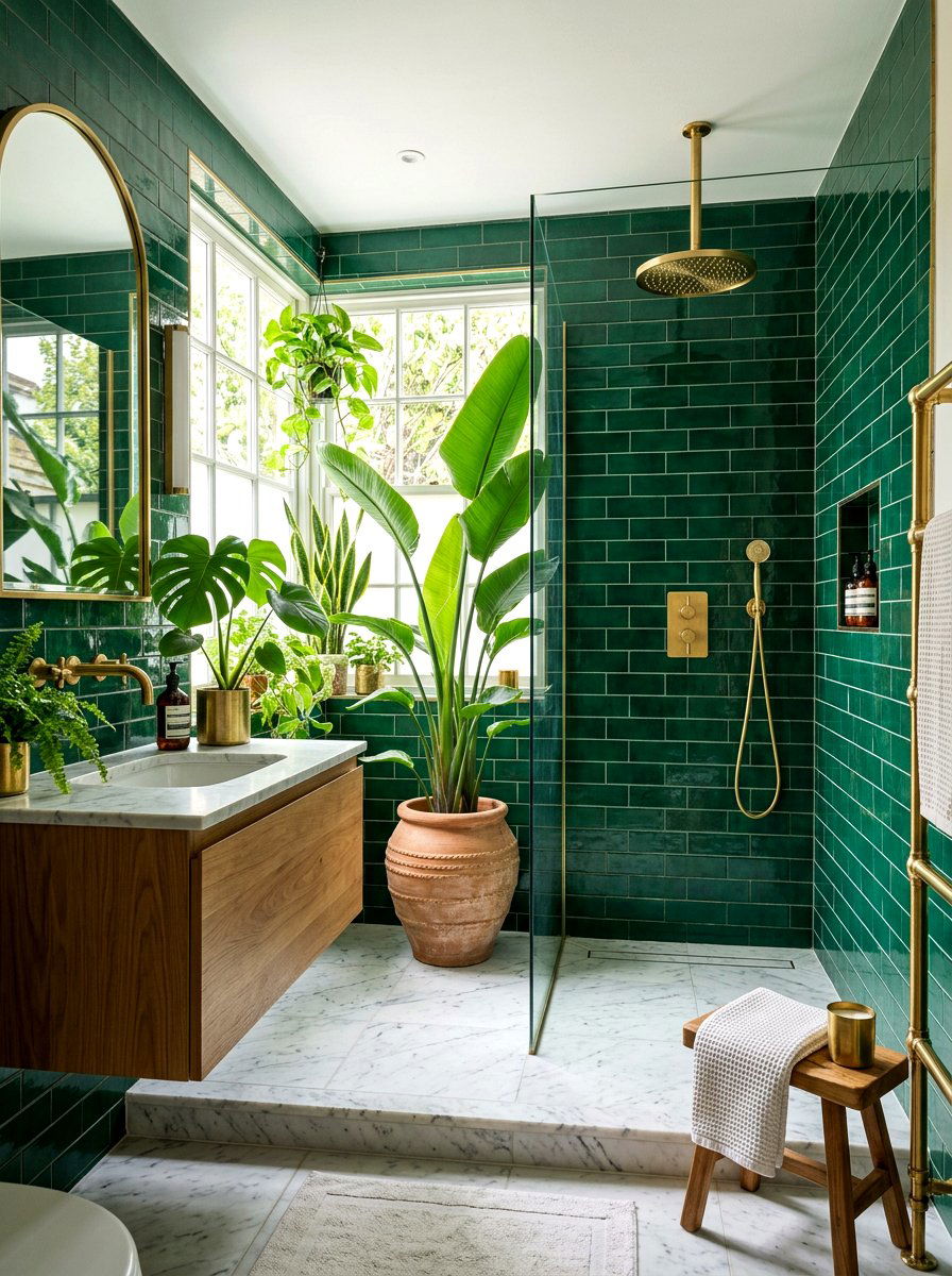 Brass Fixtures With Greenery - 30 bathroom jungle ideas