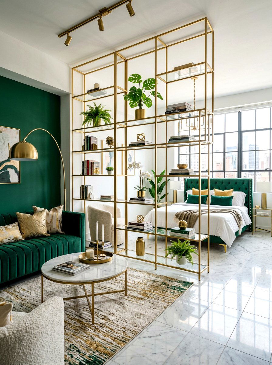 Brass Frame Bookshelf - 30 studio apartment divider shelf ideas