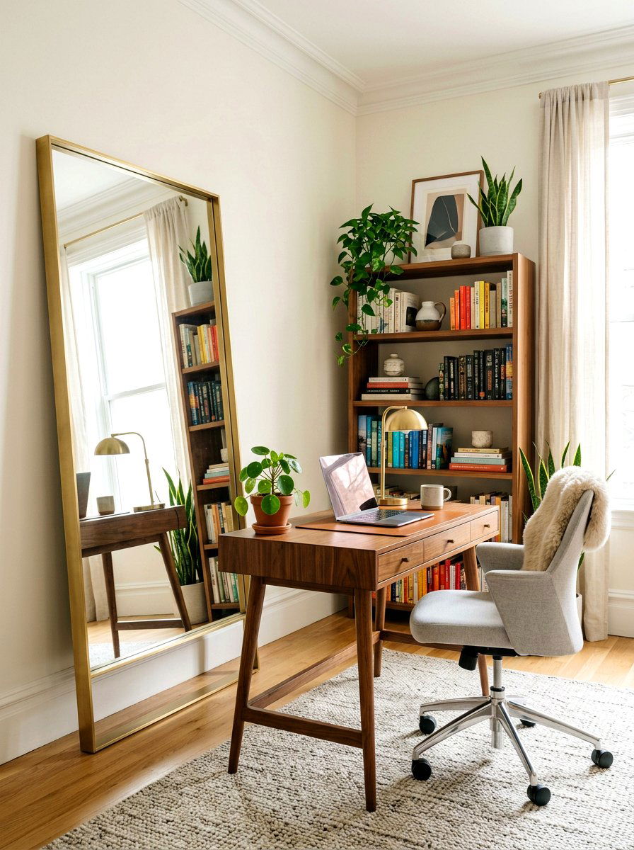 Brass Frame Leaning Mirror Home Office - 30 oversized mirror leaning wall ideas