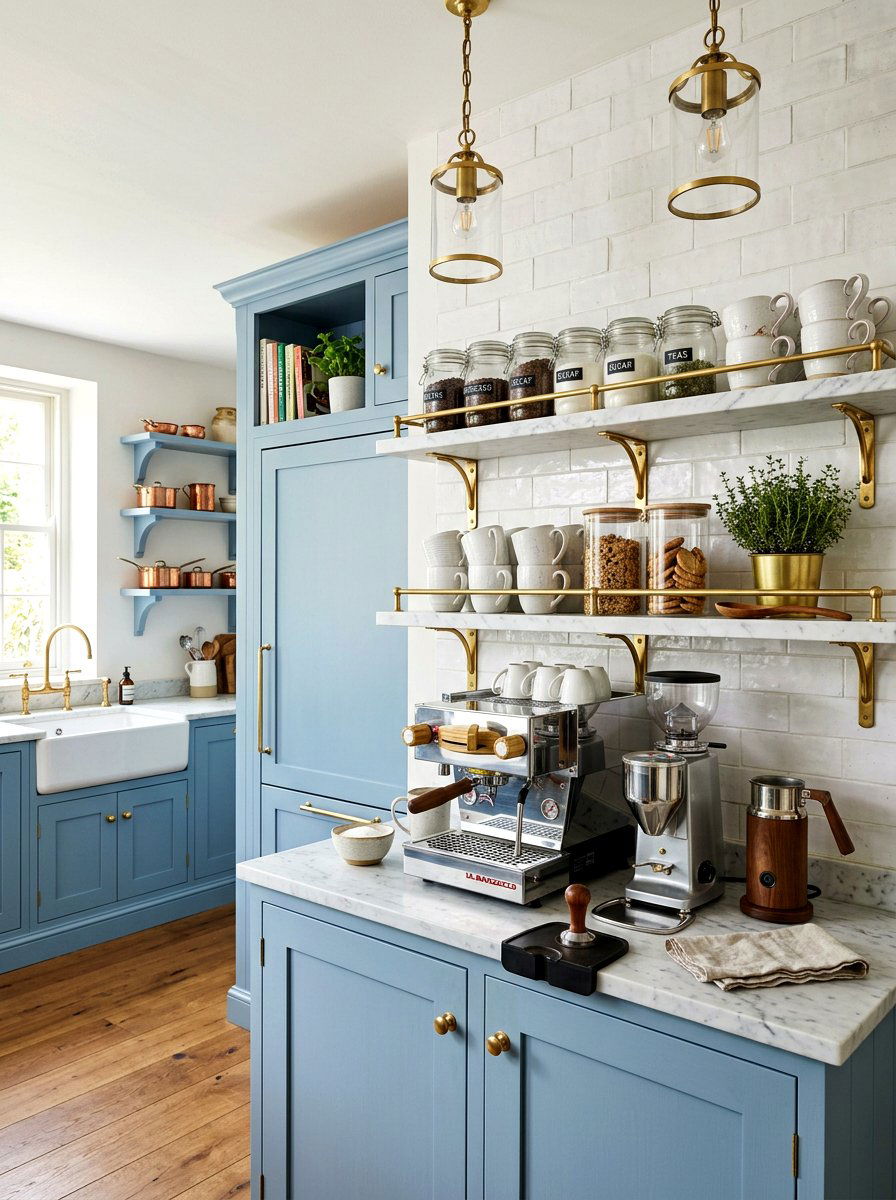 Brass Gallery Rail Shelving - 30 unlacquered brass kitchen ideas