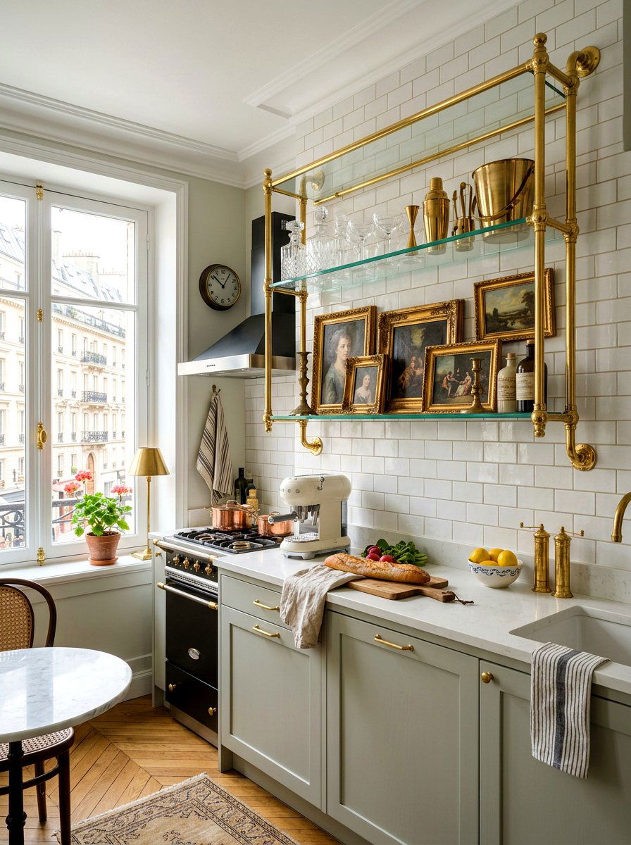 Brass Glass Bistro Shelf - 30 French cottage kitchen shelf ideas