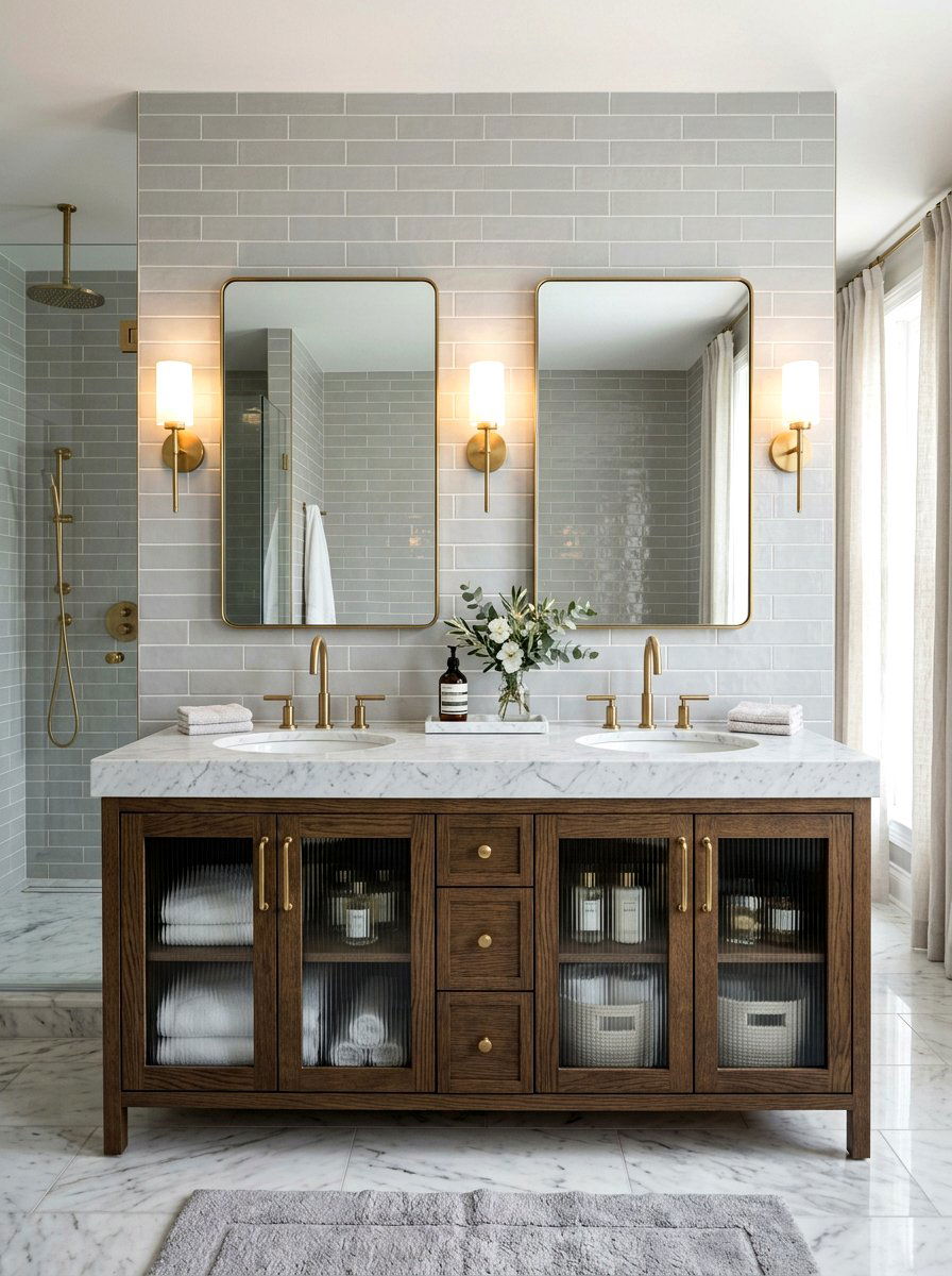 Brass Hardware Fluted Glass Vanity - 30 ribbed glass cabinet ideas