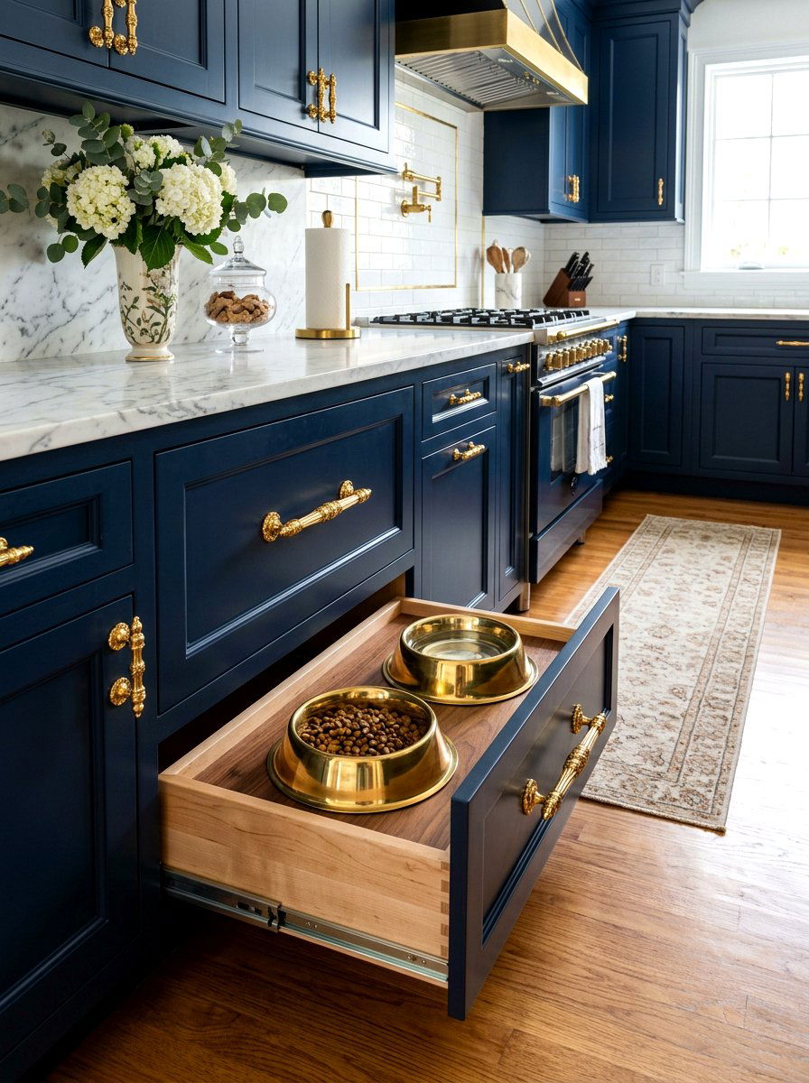 Brass Hardware Pet Feeding Drawer - 30 aesthetic pet station kitchen ideas