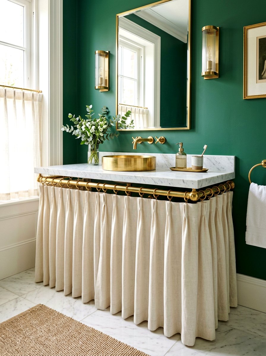Brass Hardware Skirted Vanity - 30 skirted powder room sink ideas