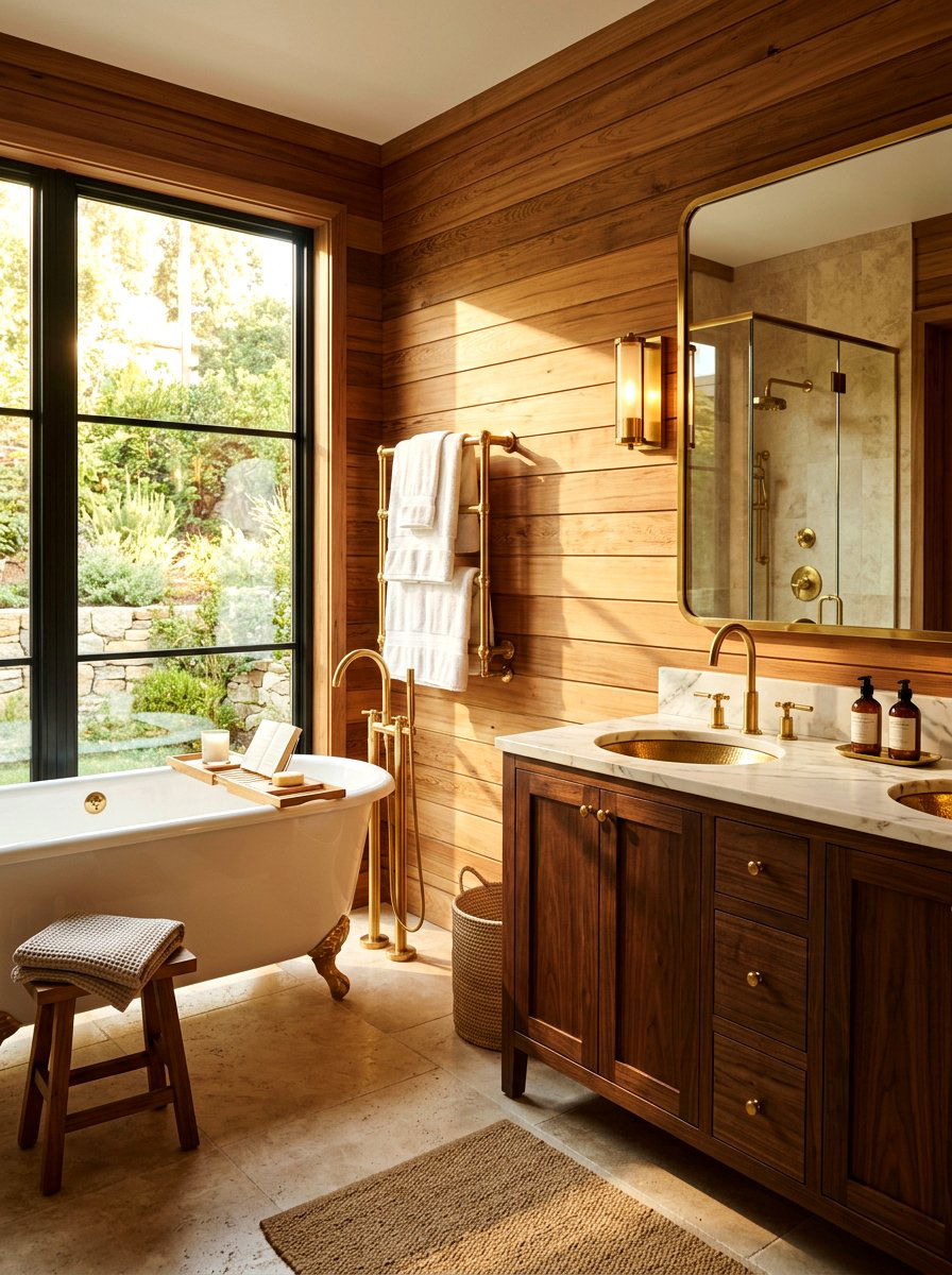 Brass Hardware With Warm Wood - 30 sauna inspired bathroom ideas