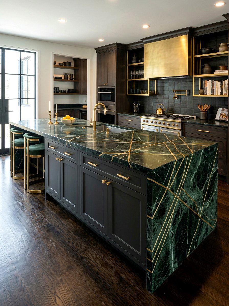 Brass Inlay Waterfall Island - 30 waterfall countertop ideas