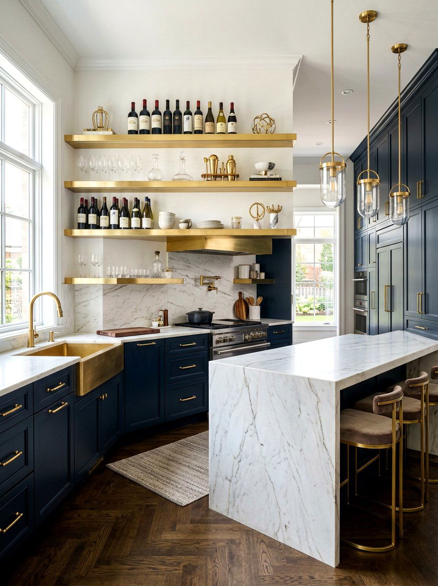 Brass Kitchen Floating Shelves - 30 kitchen shelfie ideas
