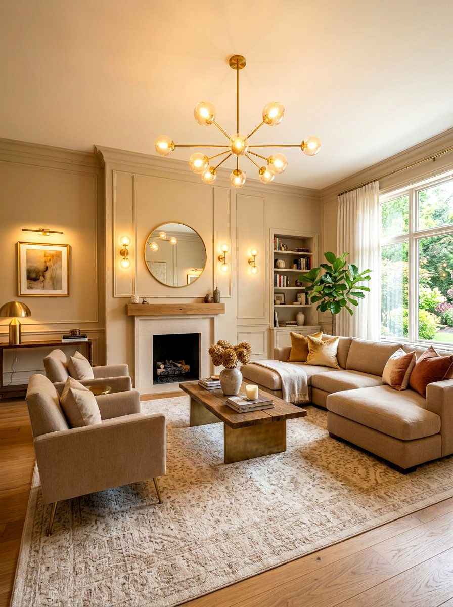 Brass Light Fixtures - 30 toasted beige living room ideas
