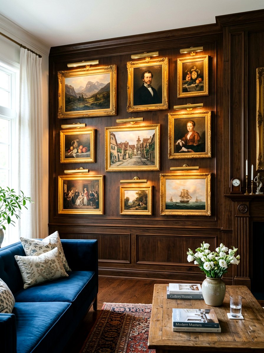 Brass Picture Lighting - 30 English manor living room ideas