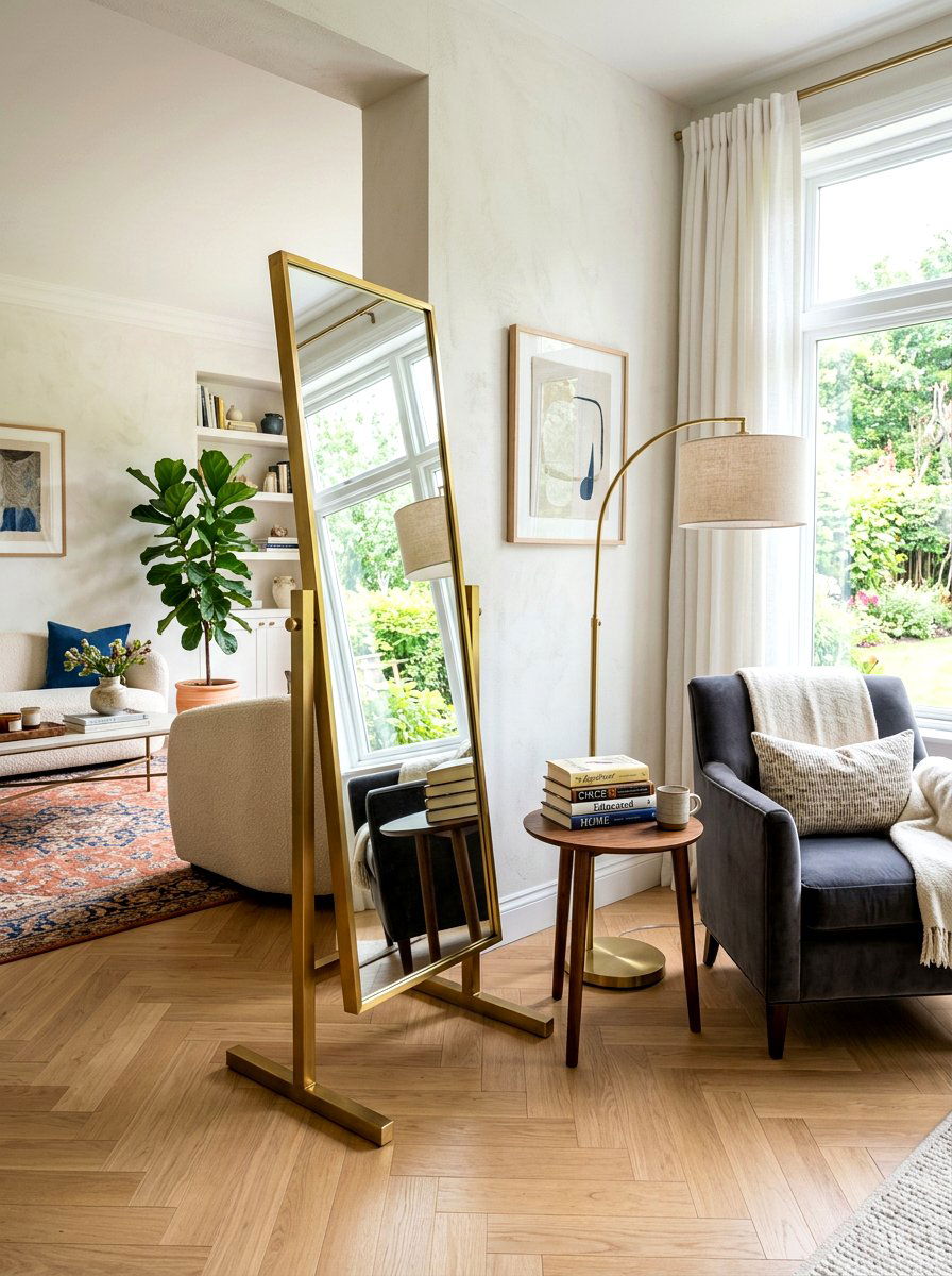 Brass Pivot Floor Mirror - 30 statement floor mirror living room ideas