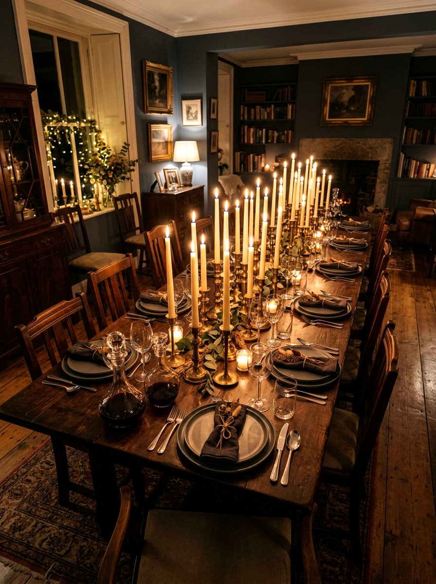 Brass Taper Candle Evening Table - 30 layered tablescape dining ideas