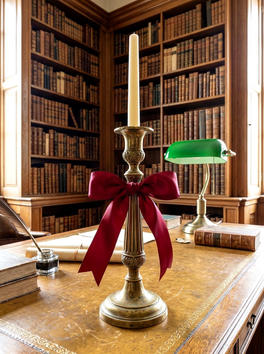 Brass Taper Valentine Holder With Satin Bow - 30 bow and candle Valentine ideas