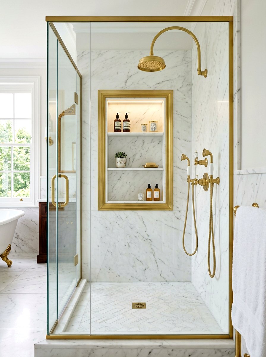 Brass Trim Shower Niche - 30 shower niche ideas
