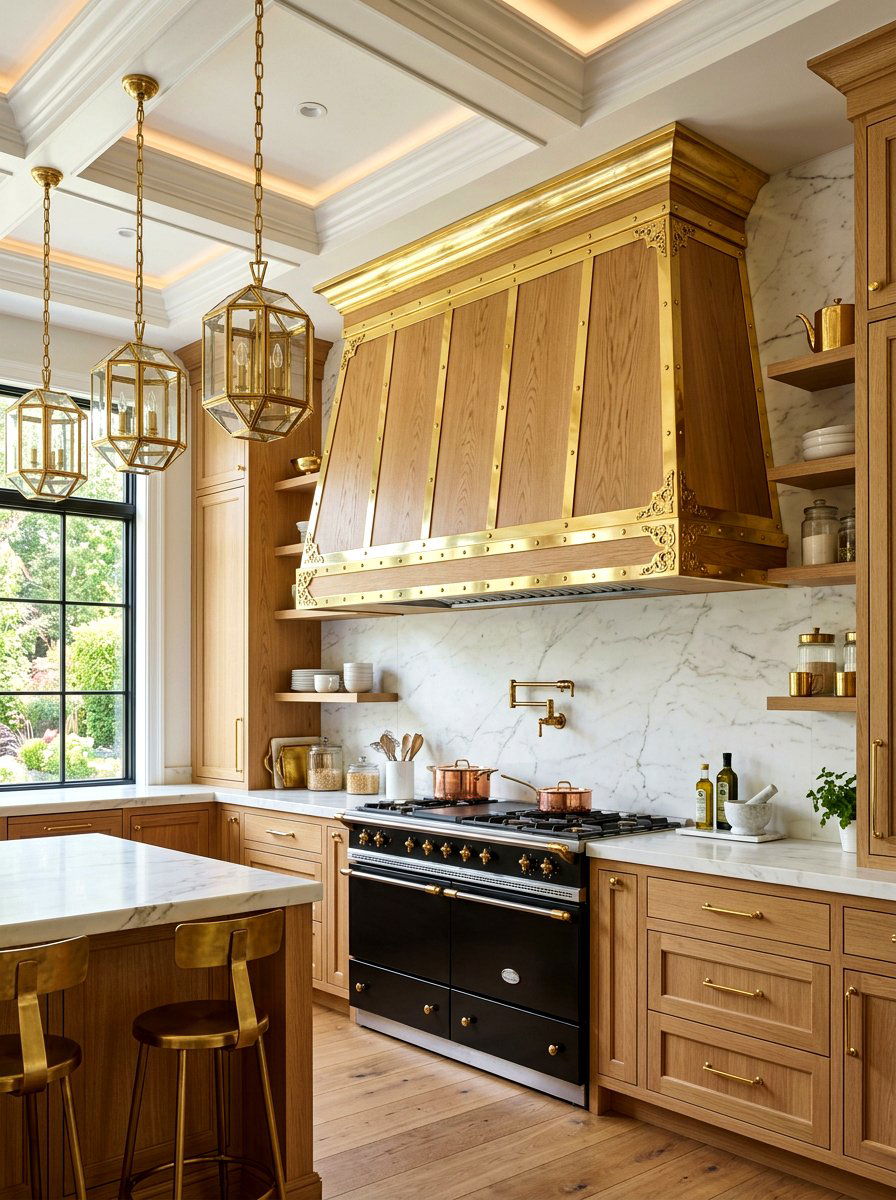 Brass Trimmed Wood Hood - 30 paneled range hood ideas