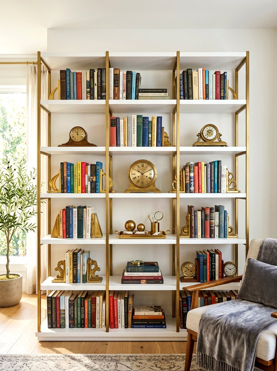 Brass accent bookshelf - 30 bookshelf spring styling ideas